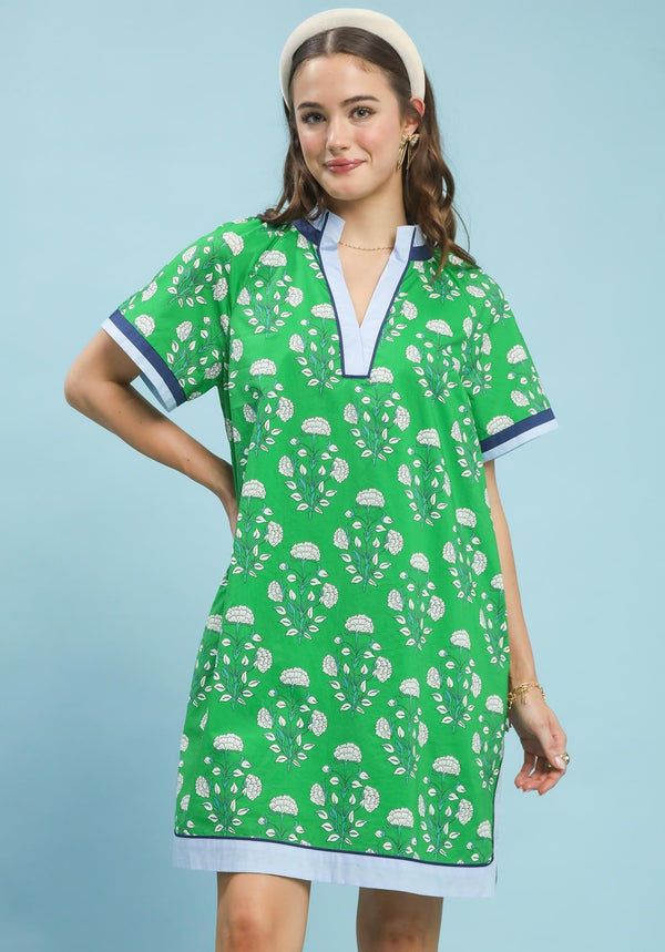 Printed Split Neck Shift Dress- Green Mix