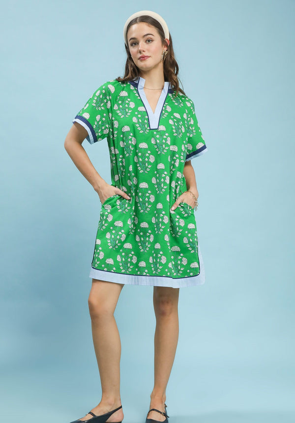 Printed Split Neck Shift Dress- Green Mix