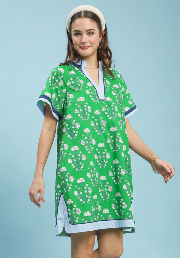 Printed Split Neck Shift Dress- Green Mix