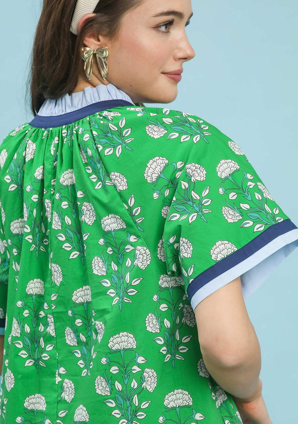 Printed Split Neck Shift Dress- Green Mix