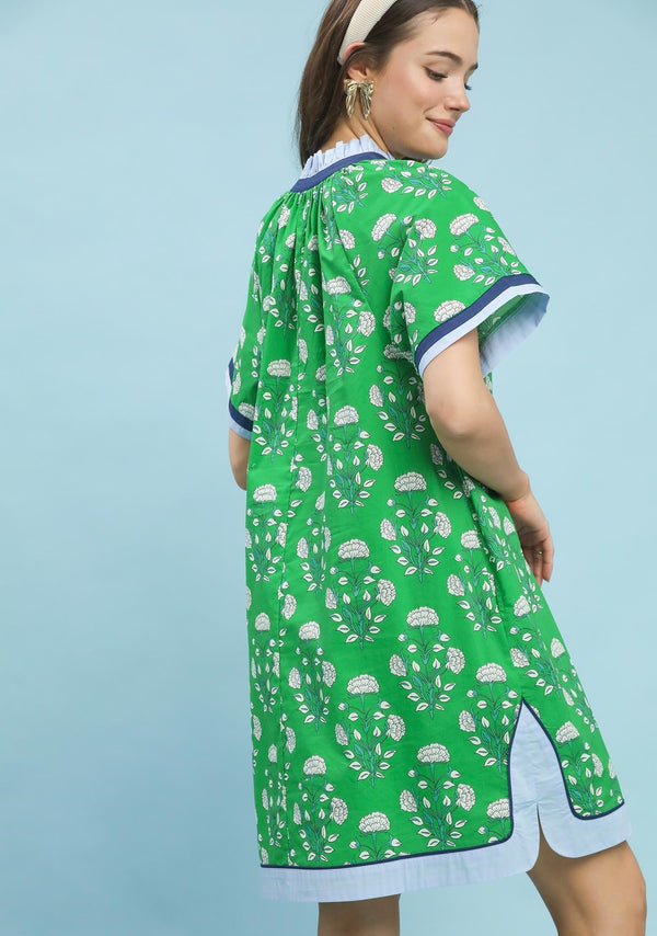 Printed Split Neck Shift Dress- Green Mix