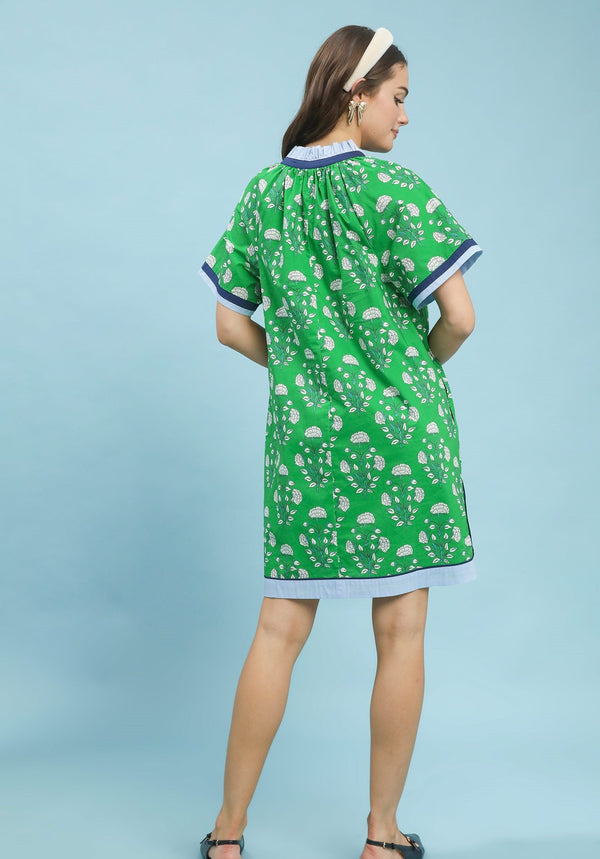 Printed Split Neck Shift Dress- Green Mix