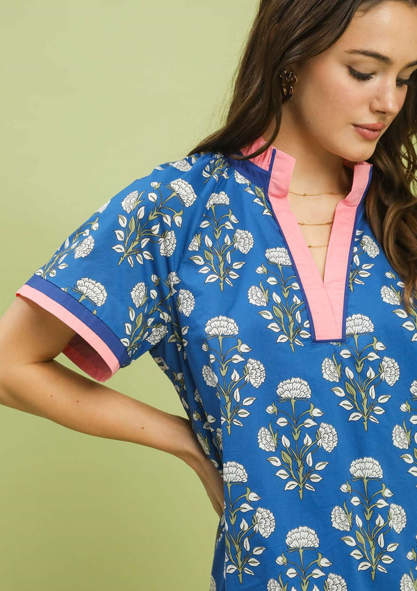 Printed Split Neck Shift Dress- Ocean Mix
