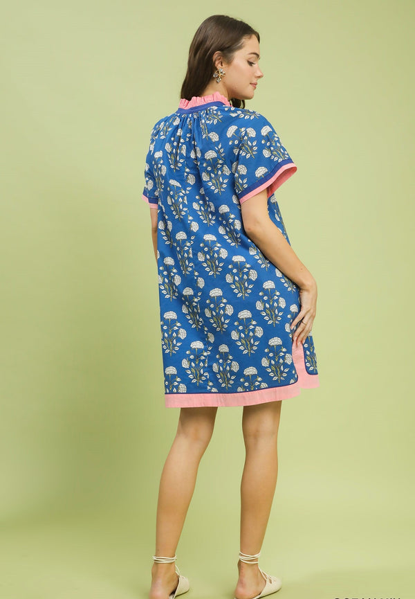 Printed Split Neck Shift Dress- Ocean Mix