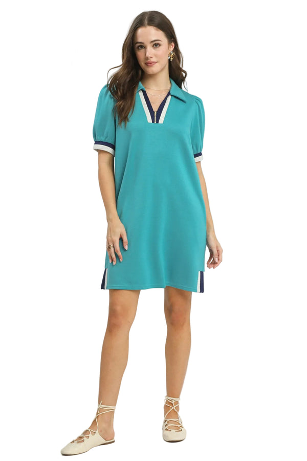 Color Block Zip Front Shift Dress- Jade