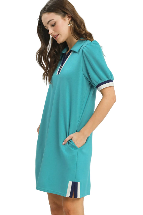Color Block Zip Front Shift Dress- Jade