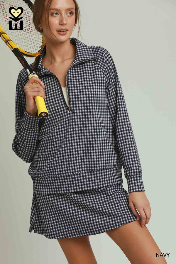 Gingham Half-Zip Pullover Skort Set- Navy