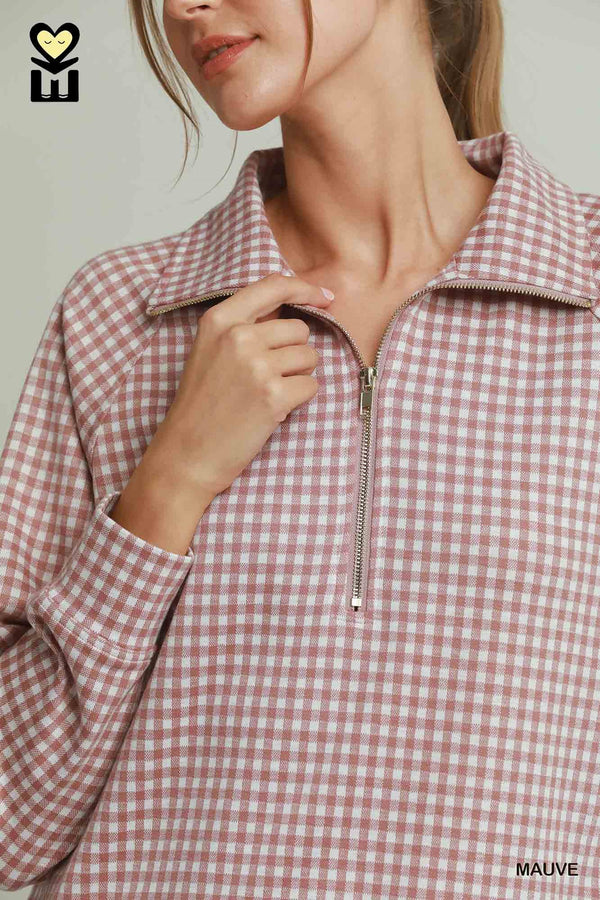 Gingham Half-Zip Pullover Skort Set- Mauve