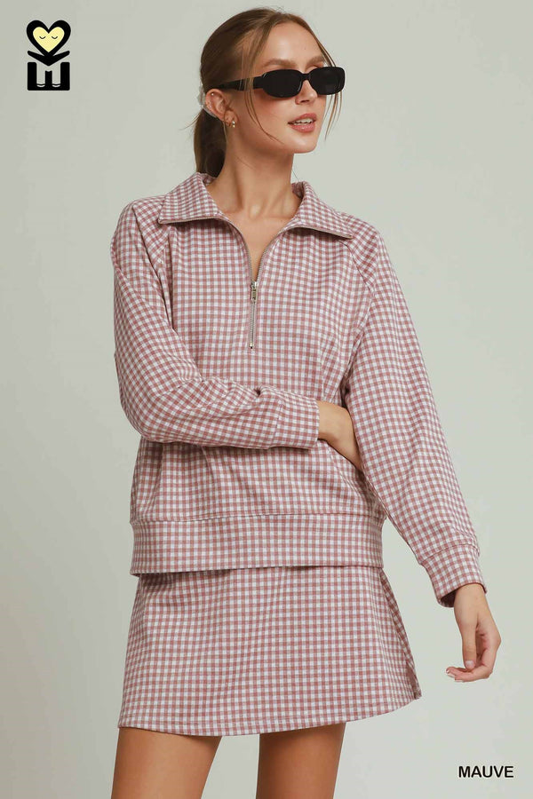 Gingham Half-Zip Pullover Skort Set- Mauve