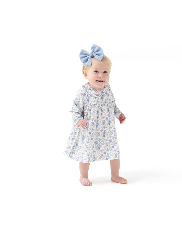 Country Girl Floral L/S Dress W/ Diaper Cover- Ivory/Mellow Rose