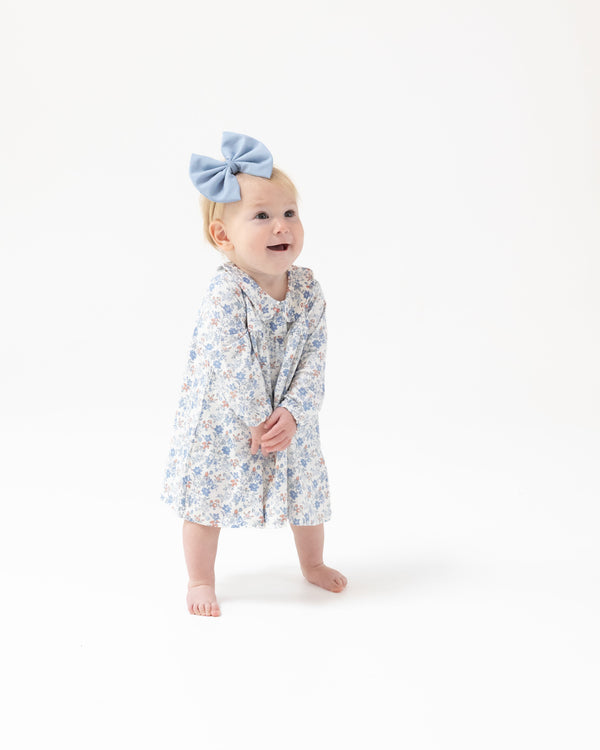 Country Girl Floral L/S Dress W/ Diaper Cover- Ivory/Mellow Rose