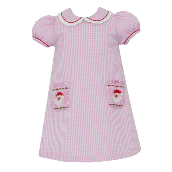 Santa Face Pocket Dress- Pink Gingham