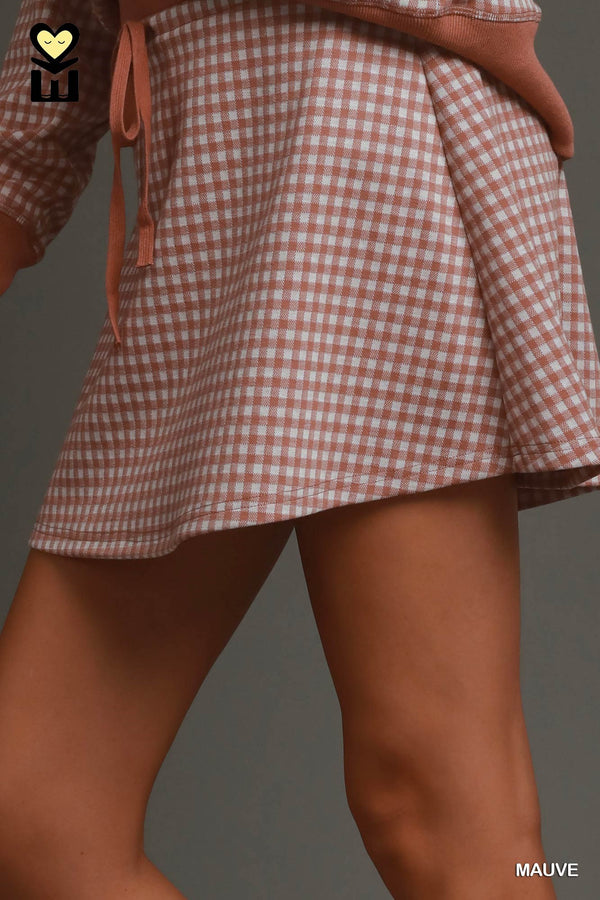 Gingham Half-Zip Pullover Skort Set- Mauve