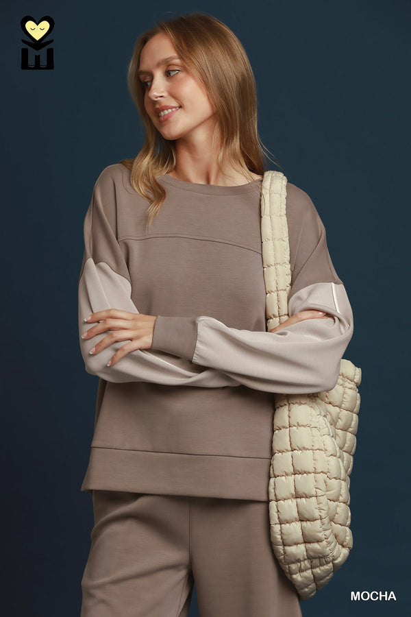 Colorblock Pullover Pants Set- Mocha