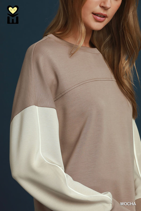 Colorblock Pullover Pants Set- Mocha