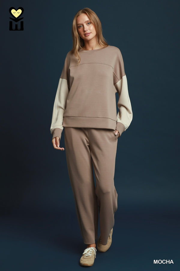 Colorblock Pullover Pants Set- Mocha