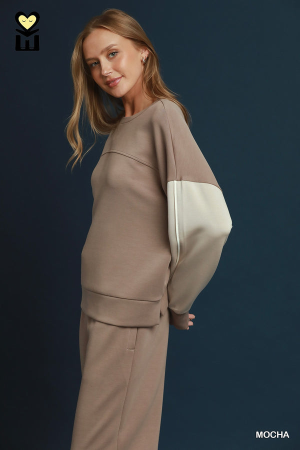 Colorblock Pullover Pants Set- Mocha