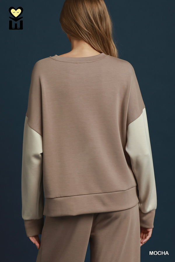 Colorblock Pullover Pants Set- Mocha