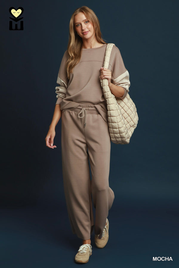 Colorblock Pullover Pants Set- Mocha