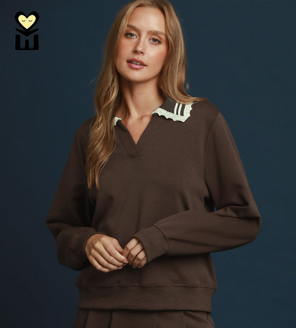 French Terry Contrast Collar Pullover- Coco Brown