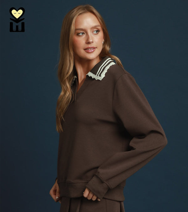 French Terry Contrast Collar Pullover- Coco Brown