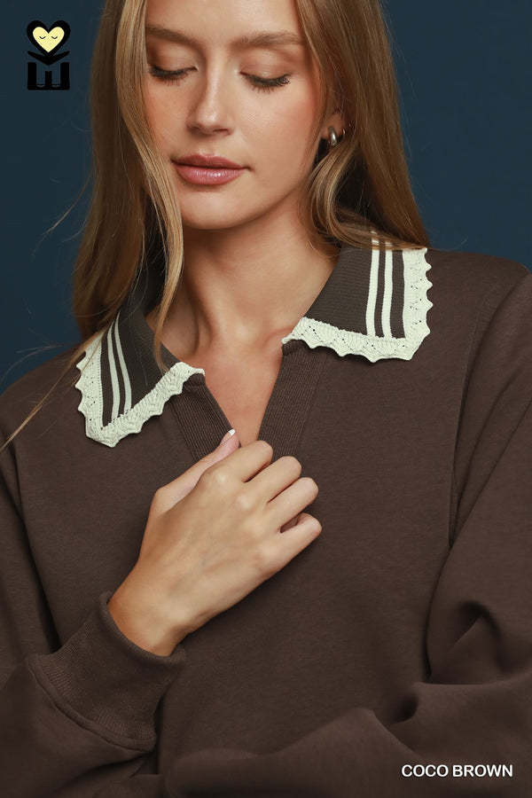 French Terry Contrast Collar Pullover- Coco Brown