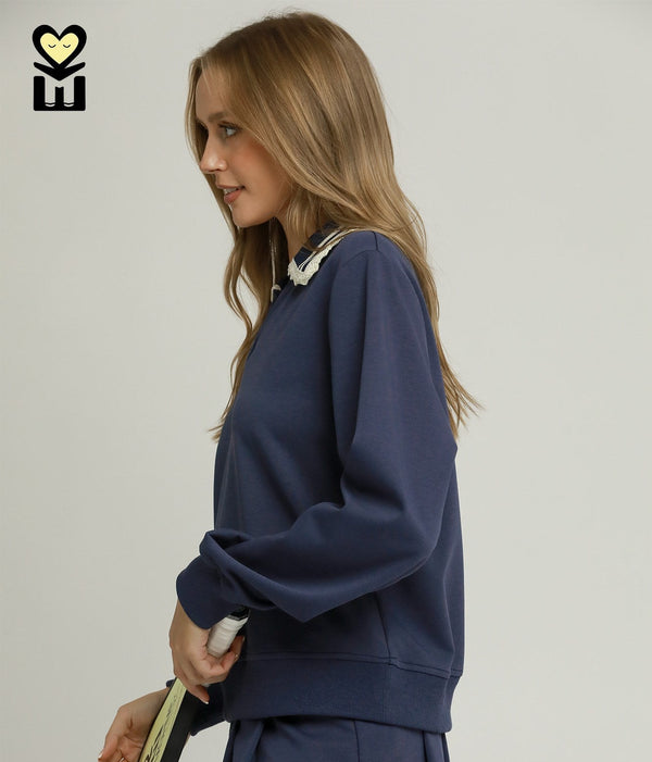 French Terry Contrast Collar Pullover- Navy