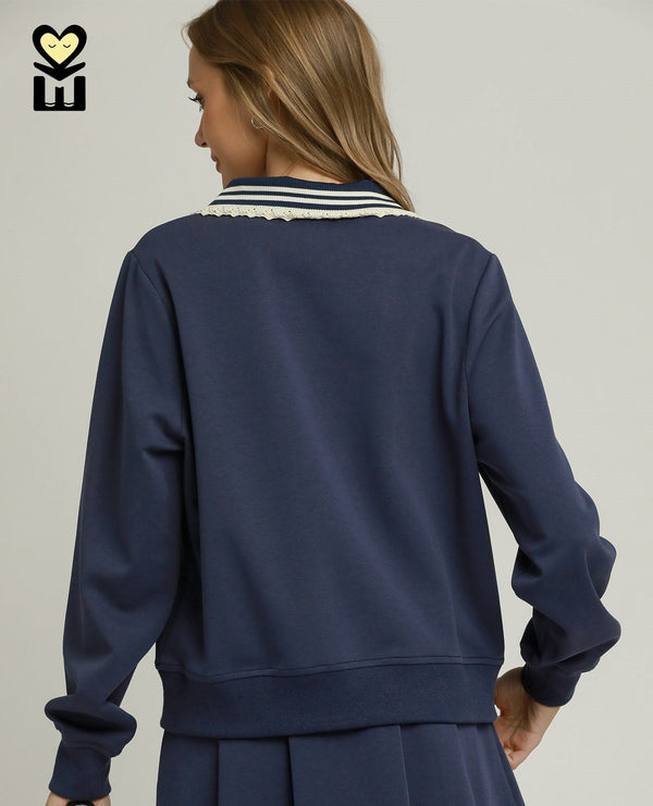 French Terry Contrast Collar Pullover- Navy