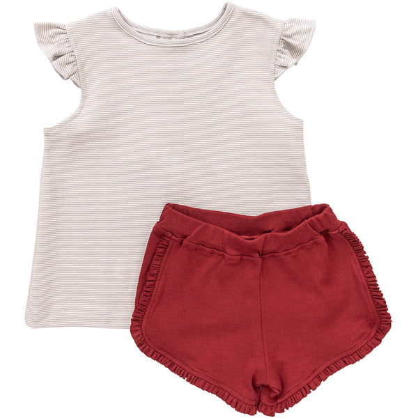 Grey Stripe/Maroon Ruffle Short Set