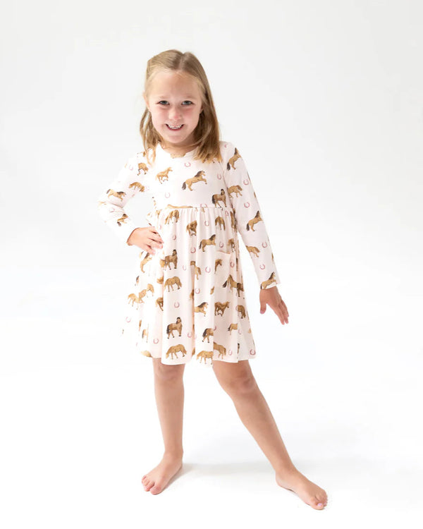Horses Twirly L/S Dress- Pink