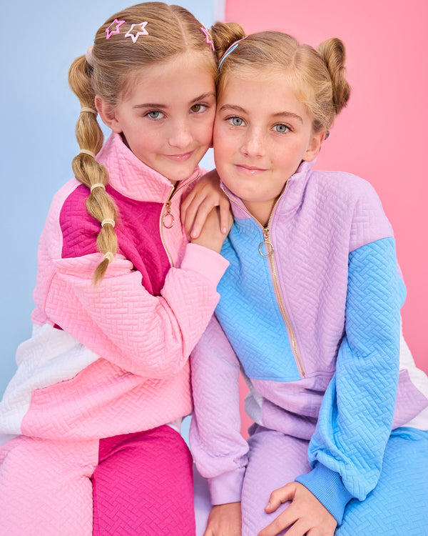 Color Block Pullover- Pink & Cranberry Quilted Trellis