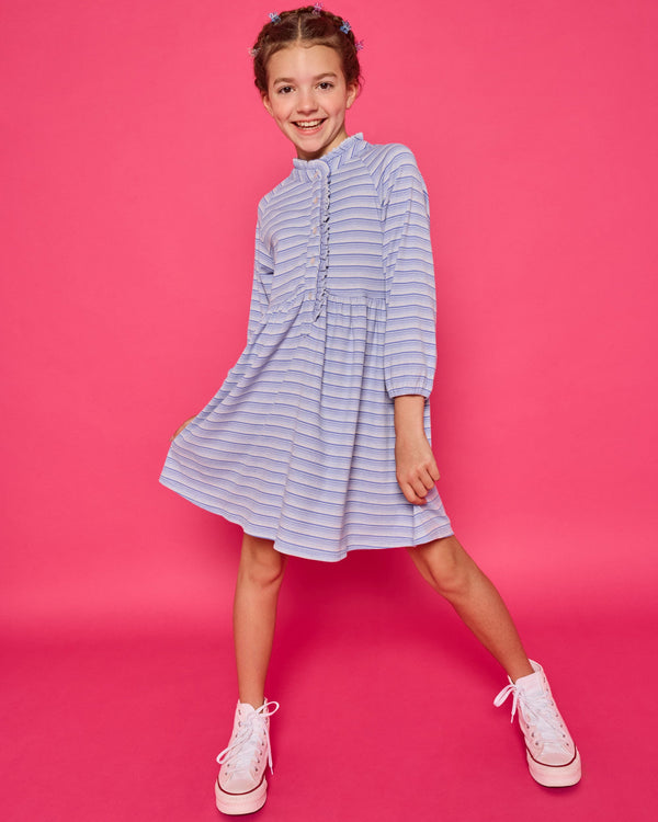 Amelia Dress- Blue Sparkle Stripe