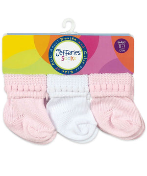 Jefferies Socks Rock-A-Bye Turn Cuff Socks 6 Pair Pack- Pink & White