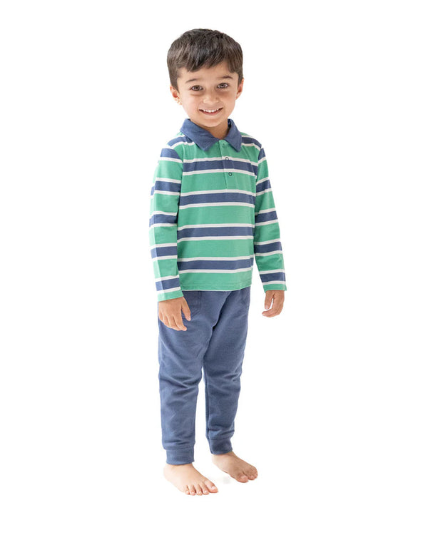 Rugby Stripe Polo L/S Shirt- Green/Navy