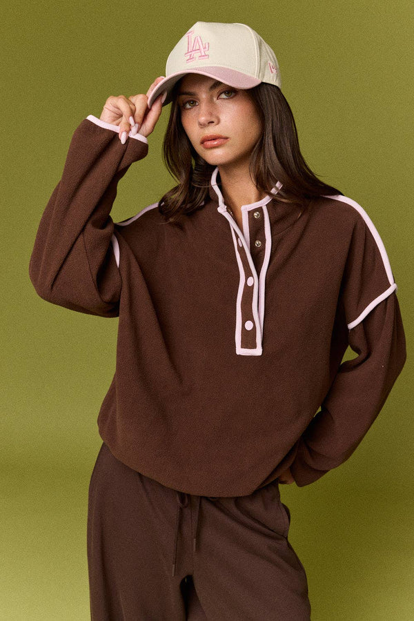 Betty Fleece Snap Button Pullover- Chocolate