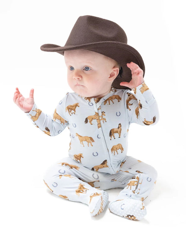 Horses 2 Way Zipper Footie- Sky Blue