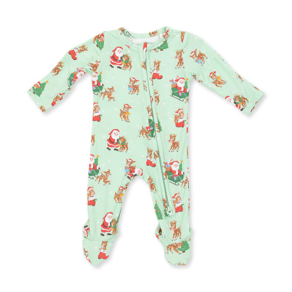 Vintage Reindeer & Santa Green 2 Way Zipper Footie