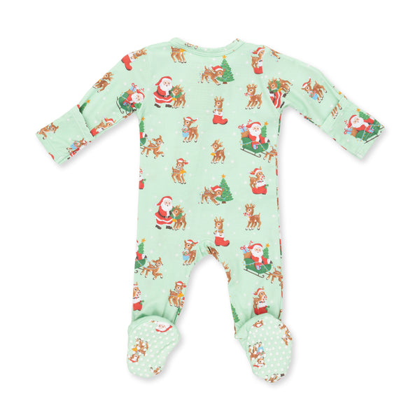 Vintage Reindeer & Santa Green 2 Way Zipper Footie