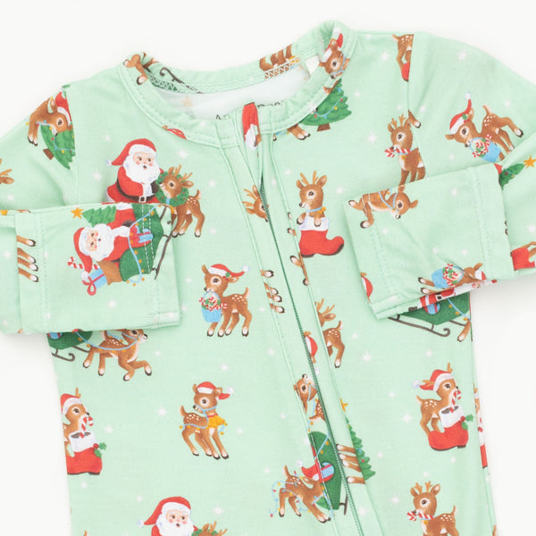 Vintage Reindeer & Santa Green 2 Way Zipper Footie
