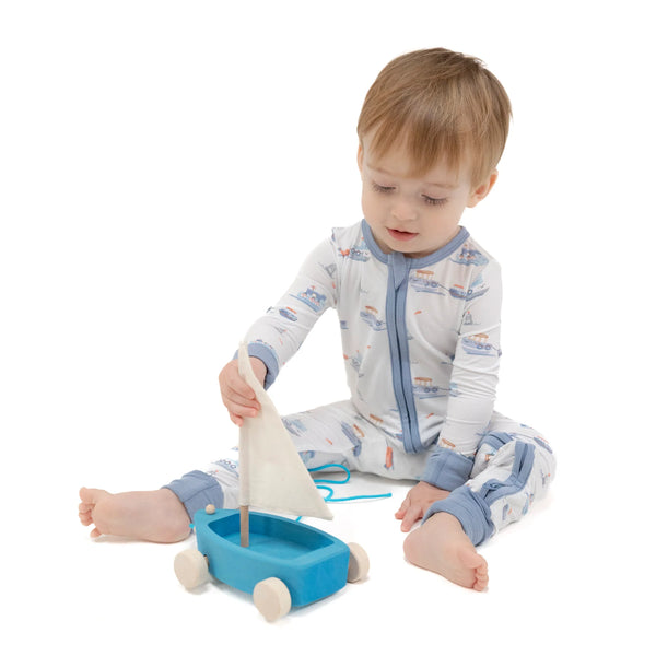 Bubbly Tugboats 2 Way Zipper Romper- Blue