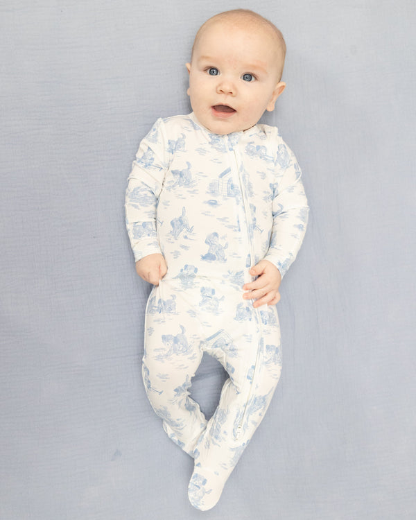 Puppy Toile Blue 2 Way Zipper Footie