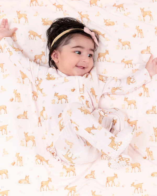 Little Fawn 2 Way Zipper Ruffle Footie- Light Pink/Pink