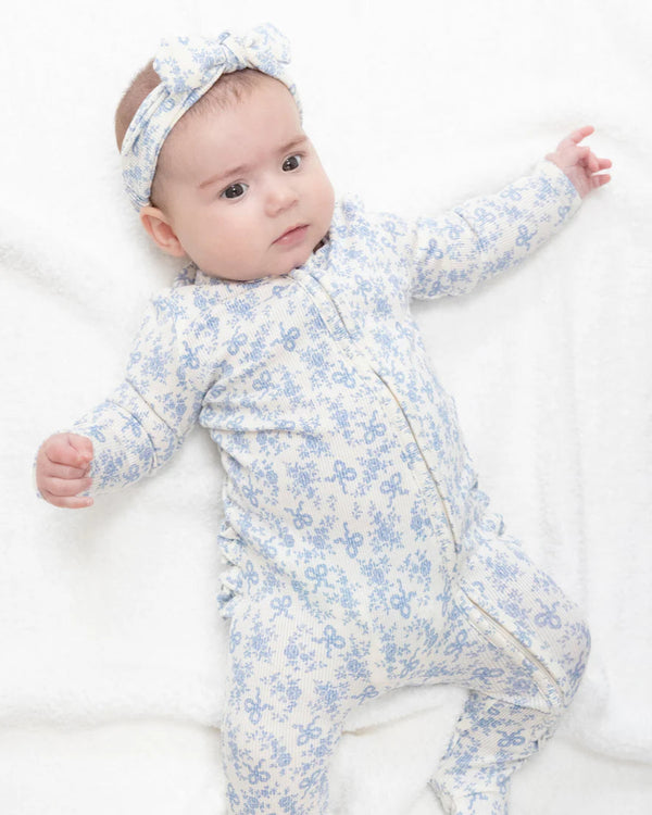 Romi Floral 2 Way Zipper Ruffle Footie- White/Blue Blizzard