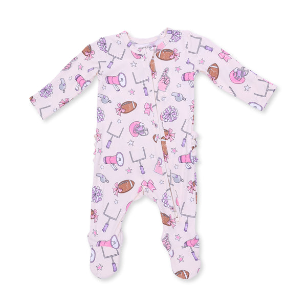 Football Cheer 2 Way Ruffle Zipper Footie- Pink