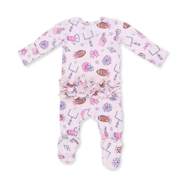 Football Cheer 2 Way Ruffle Zipper Footie- Pink