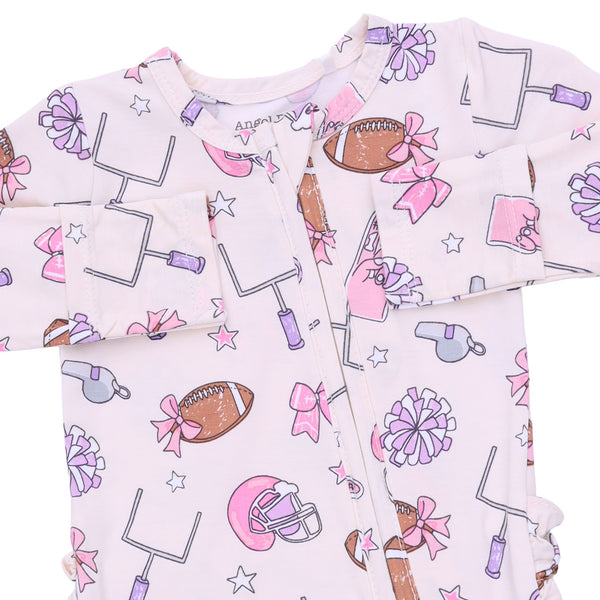 Football Cheer 2 Way Ruffle Zipper Footie- Pink