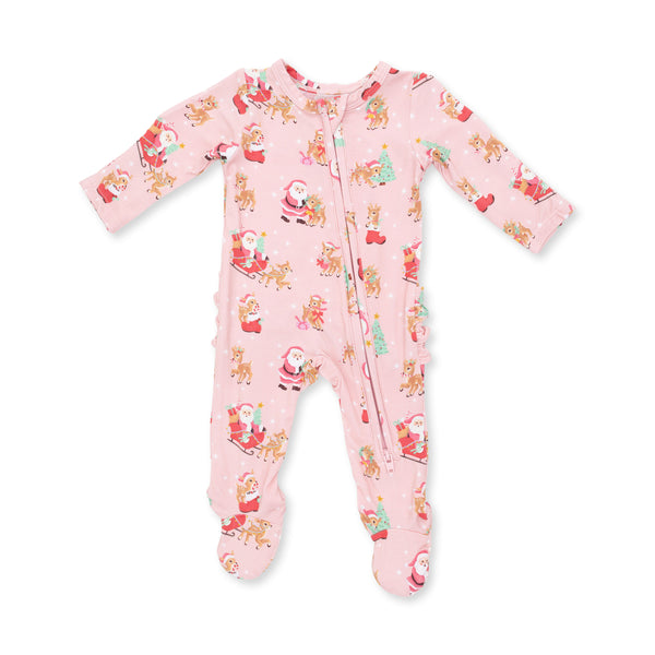 Vintage Reindeer & Santa Pink 2 Way Ruffle Zipper Footie