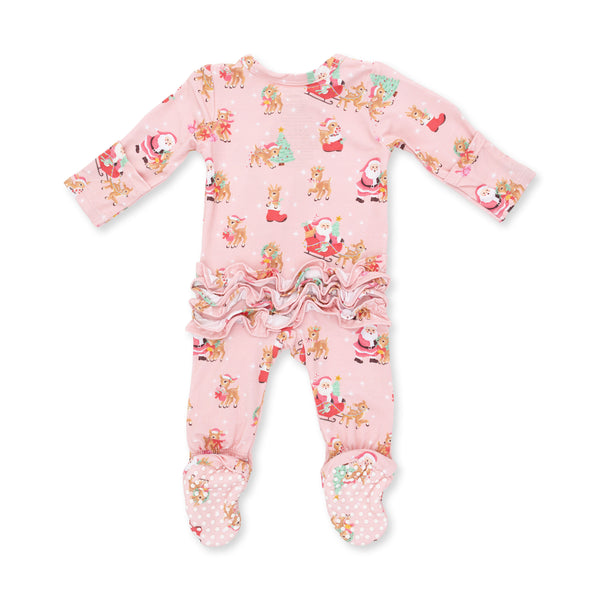 Vintage Reindeer & Santa Pink 2 Way Ruffle Zipper Footie