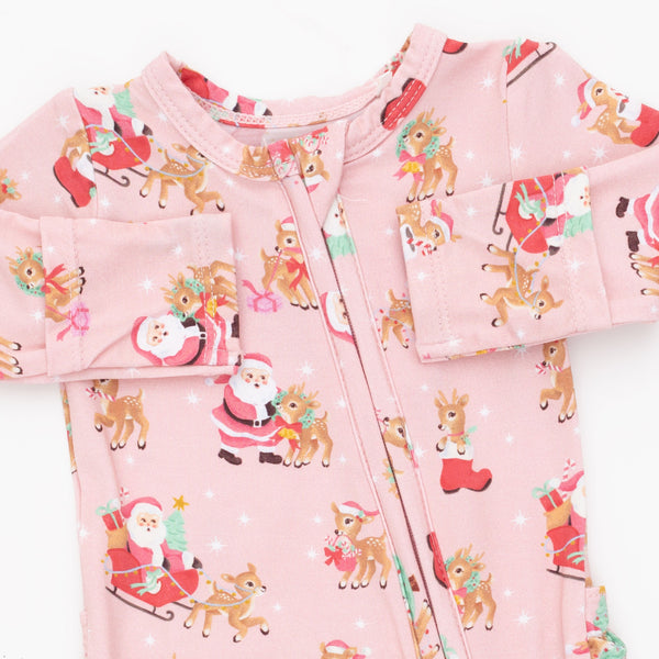 Vintage Reindeer & Santa Pink 2 Way Ruffle Zipper Footie