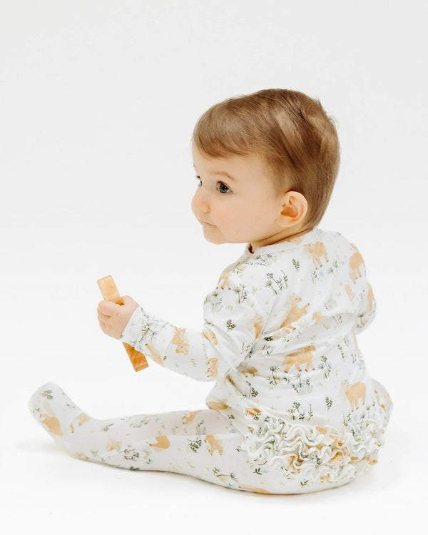 Pretty Ponies 2 Way Zipper Ruffle Back Footie- Beige